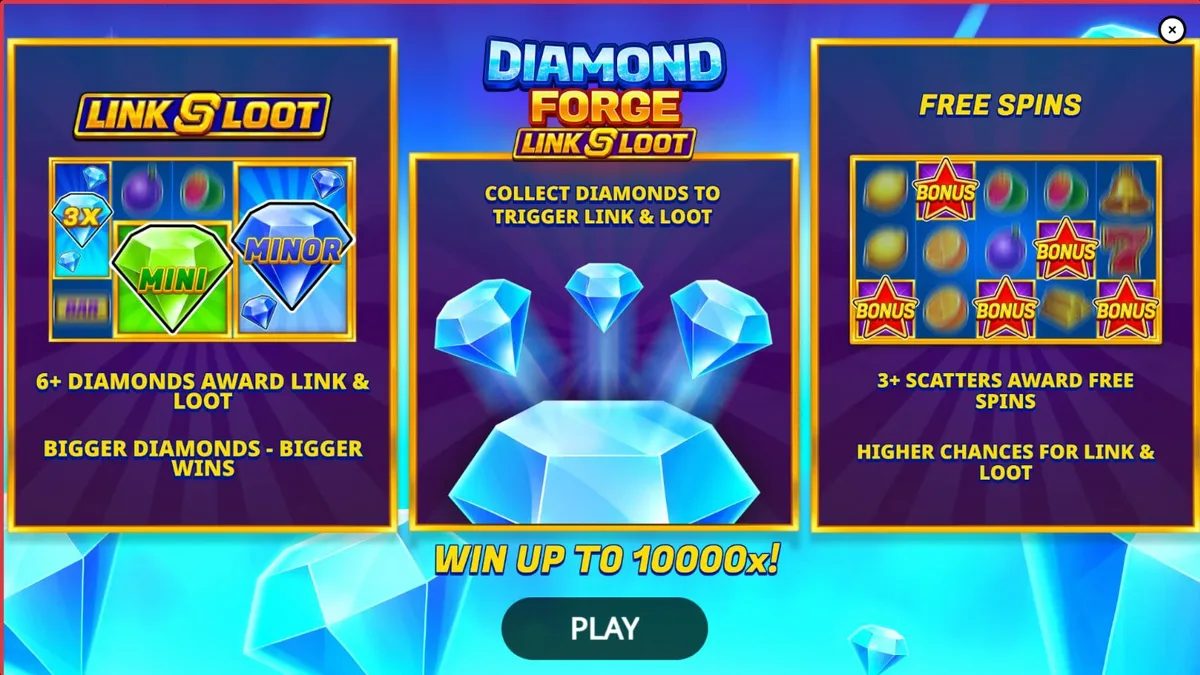 Tampilan visual slot Diamond Forge Link & Loot dengan simbol buah klasik dan berlian