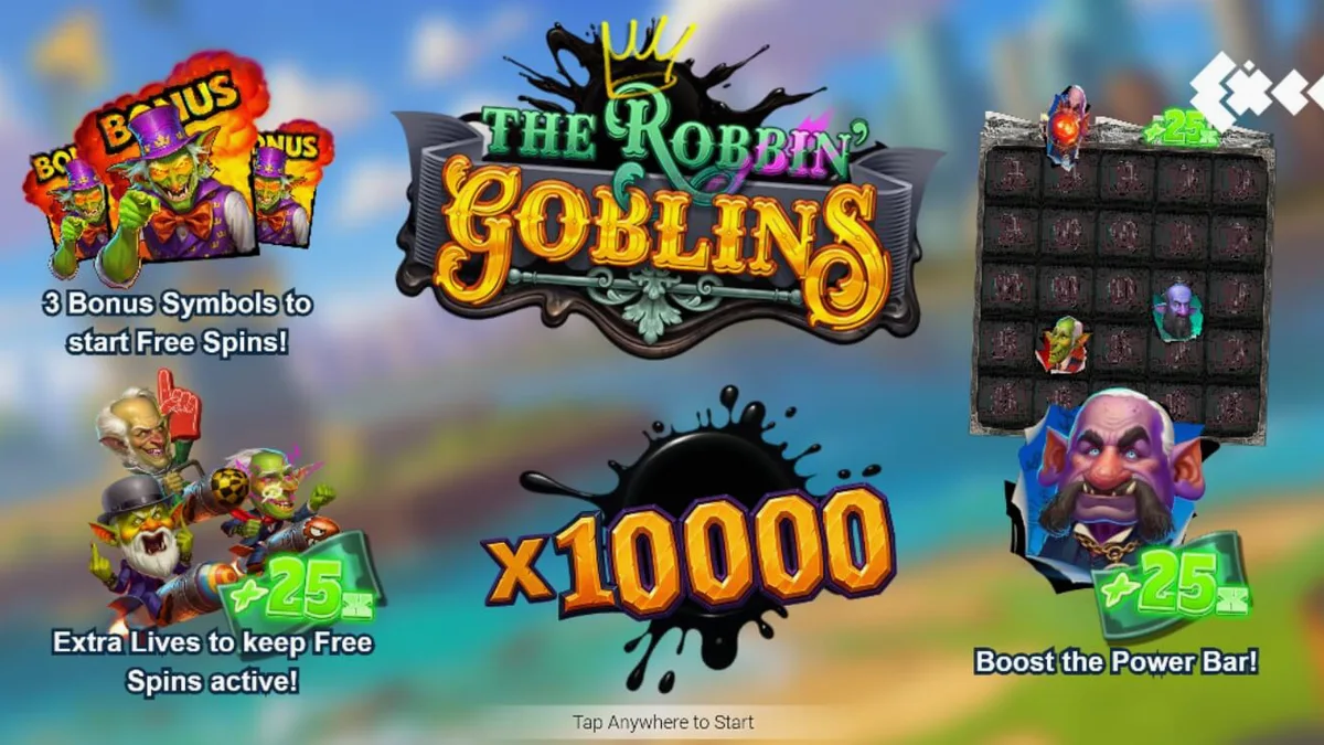 Tampilan visual slot Robbin Goblins dengan tema goblin yang penuh ledakan