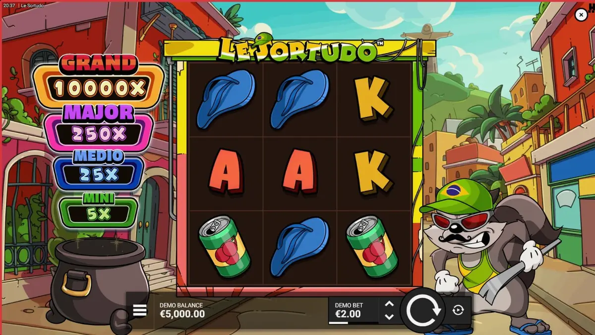 Smokey si rakun sedang bersantai di jalanan Brasil dalam slot Le Sortudo